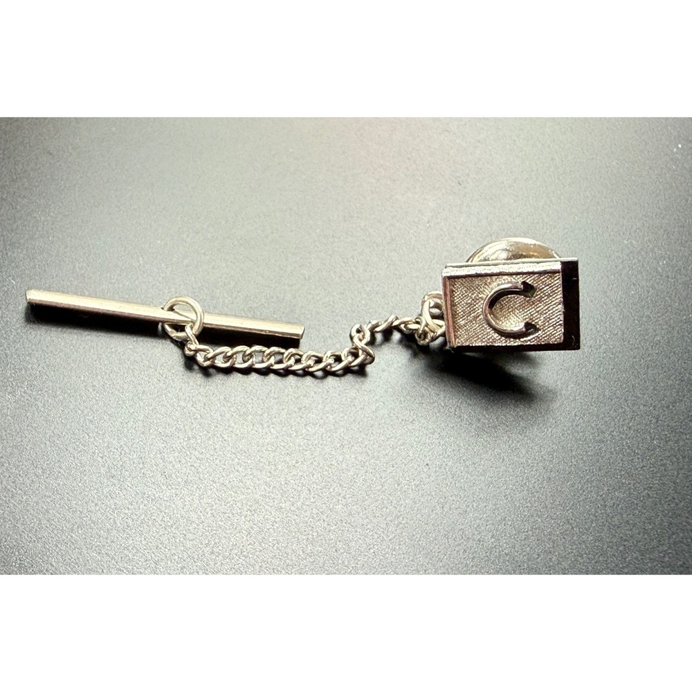Vintage Swank Silver‎ Toneinitial C Tie Tack with Chain and T-Bar Mens Accessory